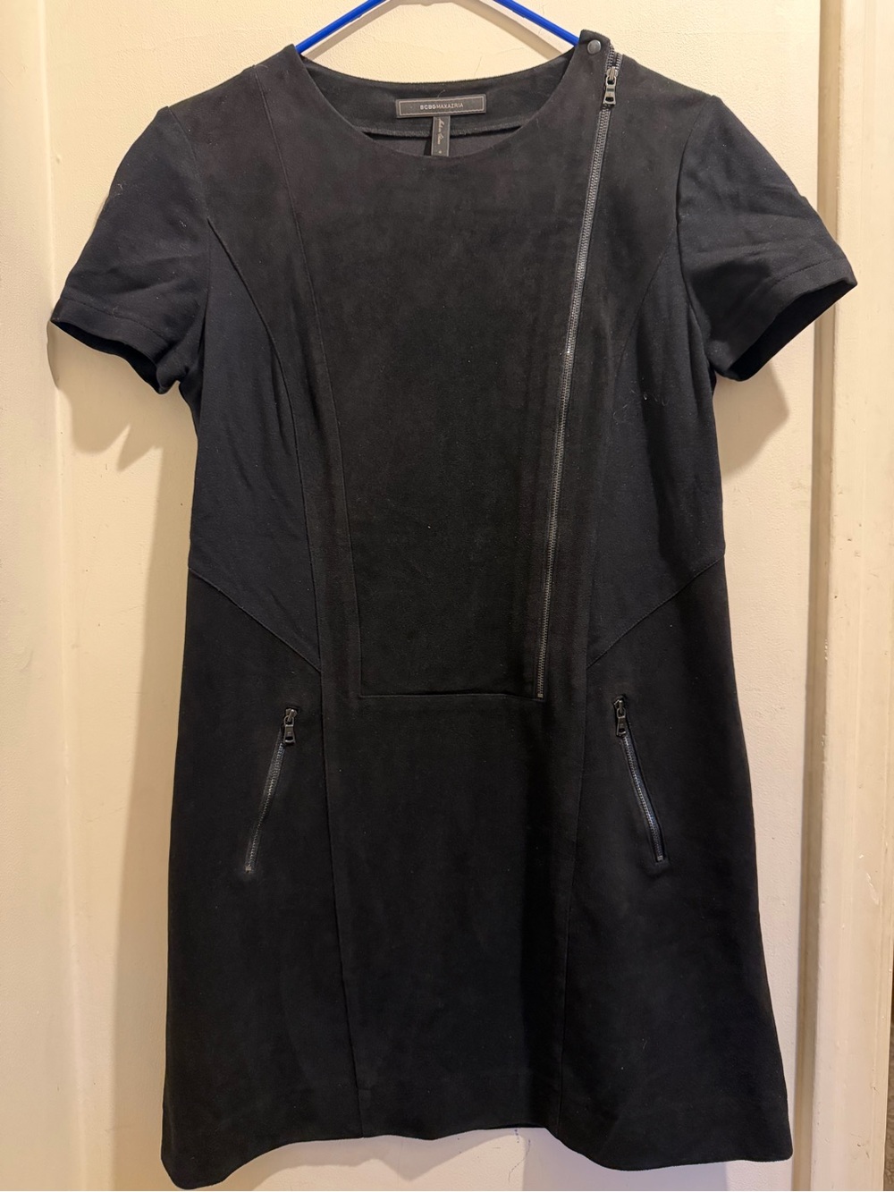 BCBGMaxAzria Black Short-Sleeve Suede-Front A-Line Mini Dress